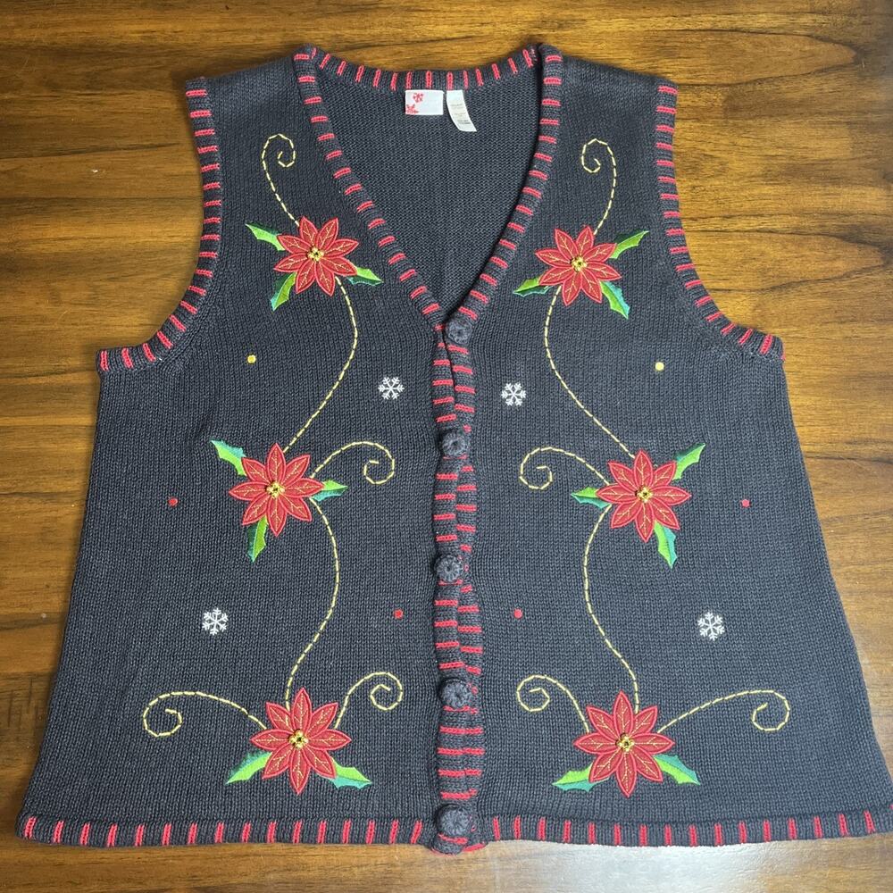 Y2K 90s XL Kitschy Cottagecore Poinsettia Embroidered Beaded Christmas Sweater